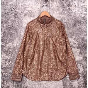 Anthropologie Top XL Womens Pink Sequined Long Sleeve Button Tunic Shirt